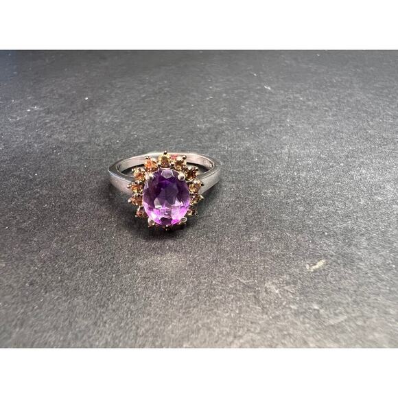 NEW Amethyst and brown zircon halo ring in platinum over sterling silver size 8 - Picture 16 of 16